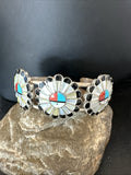 Blue Turquoise Coral MOP Zuni Inlay Sunface Cuff Bracelet | Sterling Silver | Authentic Native American Handmade | 18872