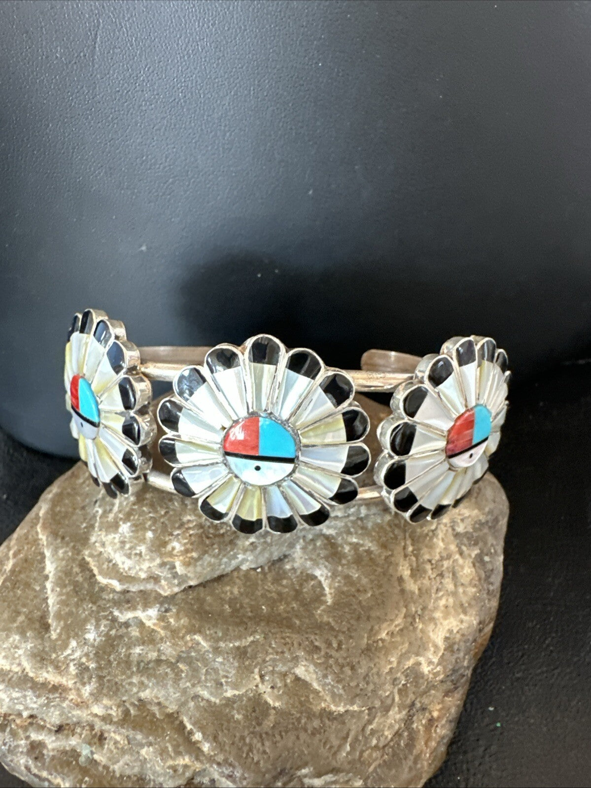 Blue Turquoise Coral MOP Zuni Sterling Silver Inlay Sunface Cuff Bracelet 18872