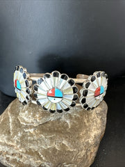 Blue Turquoise Coral MOP Zuni Inlay Sunface Cuff Bracelet | Sterling Silver | Authentic Native American Handmade | 18872