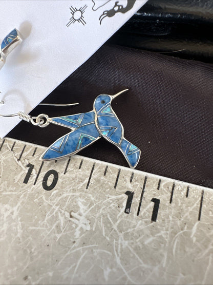 Blue Denim Lapis Opal Sterling Silver Hummingbird Dangle Earrings 19142
