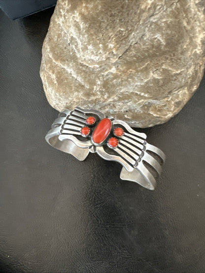 Mens Womens Red Coral Navajo Sterling Silver Cluster Cuff Bracelet 7" 19697
