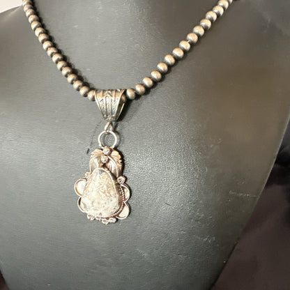 White Buffalo Turquoise Pendant  Sterling Silver Beads Necklace 17986