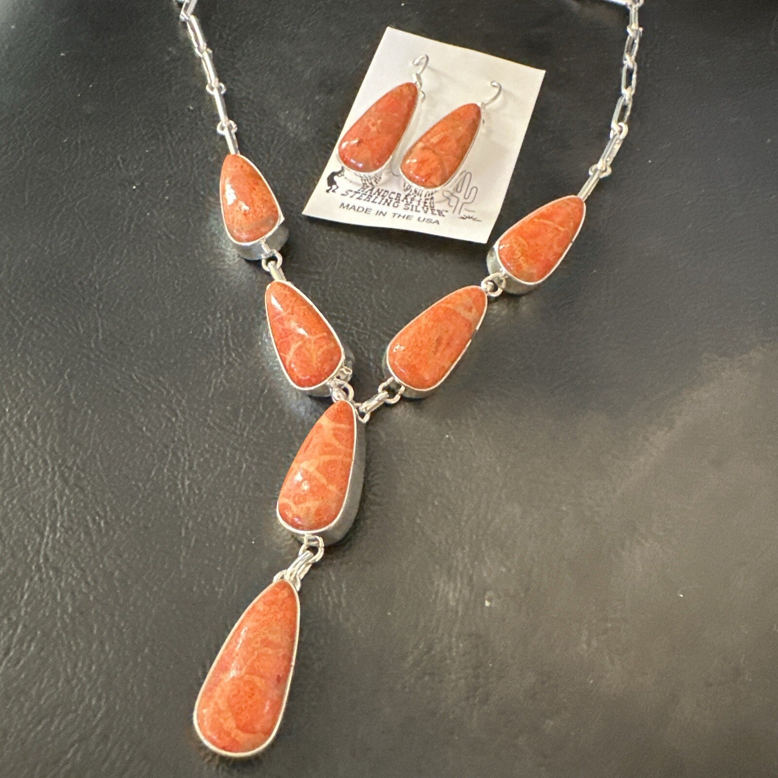 Women Apple Coral Lariat Necklace Pendant Earrings Sterling Silver 16” 18409