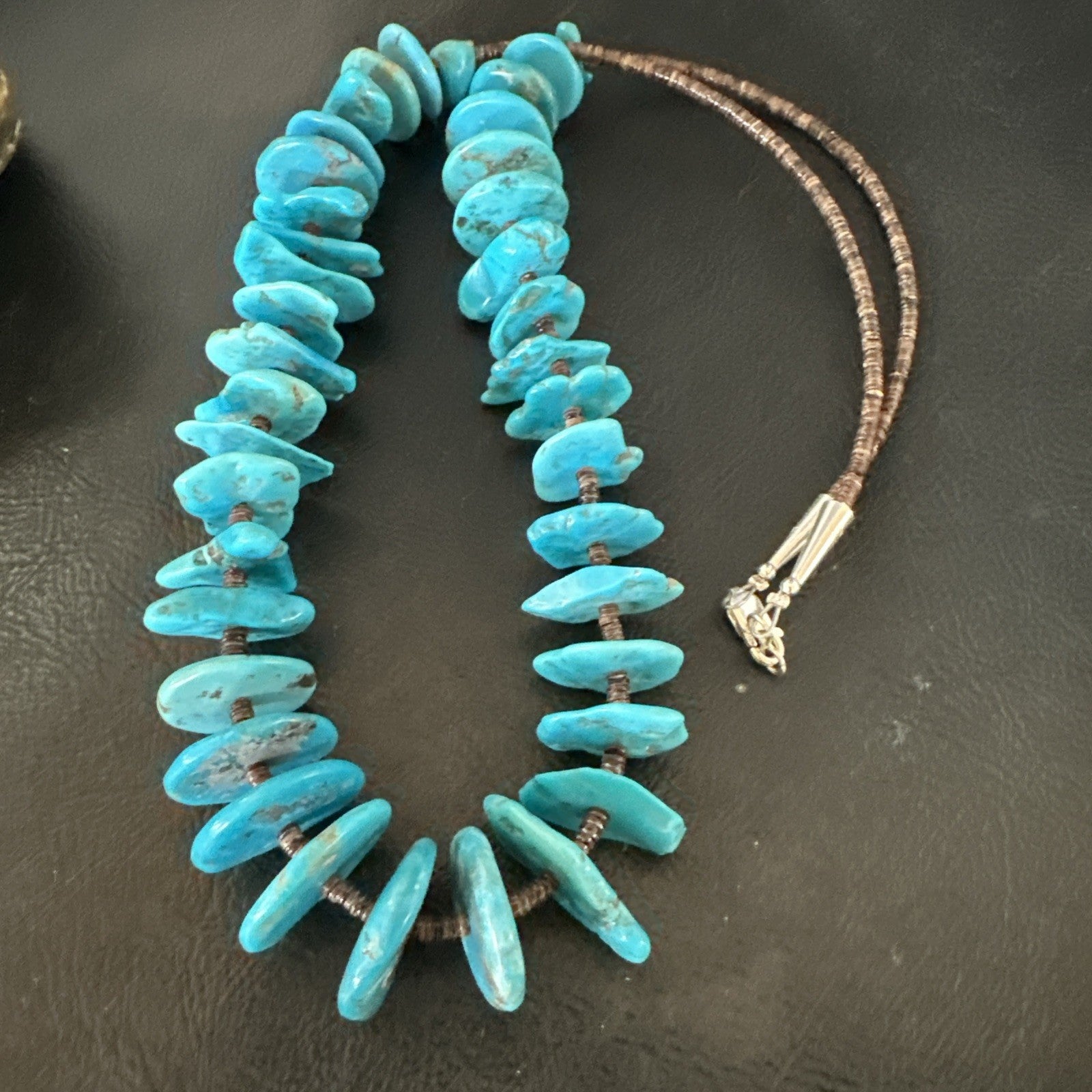 Navajo Kingman Turquoise Shell Heishi Sterling Silver Bead 24” Necklace 19633