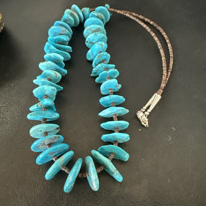 Navajo Kingman Turquoise Shell Heishi Sterling Silver Bead 24” Necklace 19633