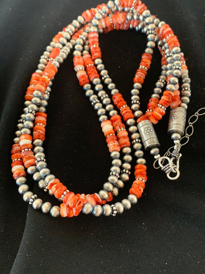 Red Spiny Oyster 3 Strands Navajo Pearls Sterling Silver Necklace 03172