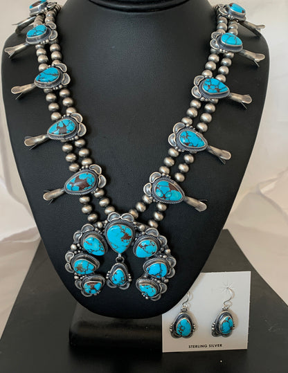 Blue Egyptian Turquoise Sterling Silver Beads Squash Blossom Necklace 17201