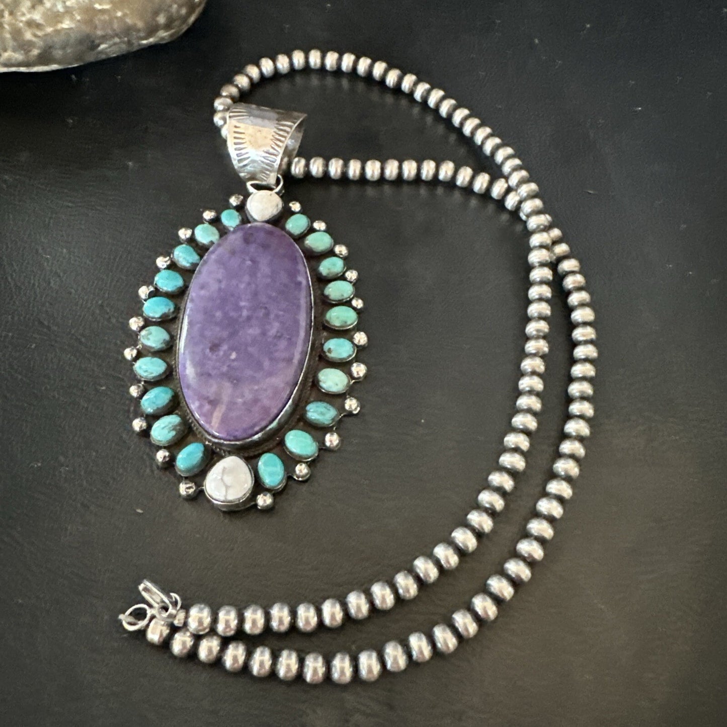 Purple Charoite Turquoise Navajo Sterling Silver Cluster Pendant 3.75" 18651
