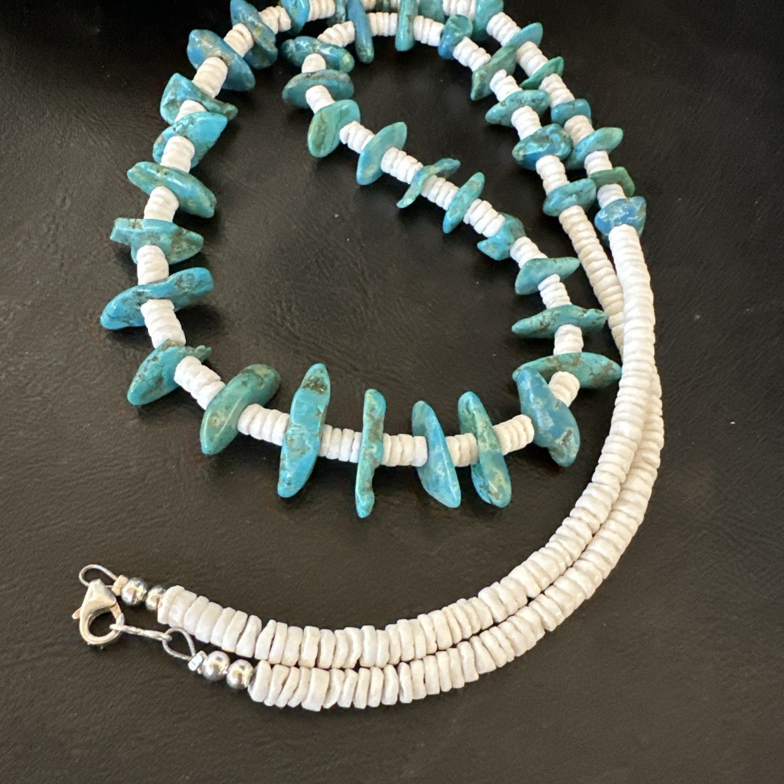 Blue Turquoise White Shell Navajo Sterling Silver Necklace 31" 19719