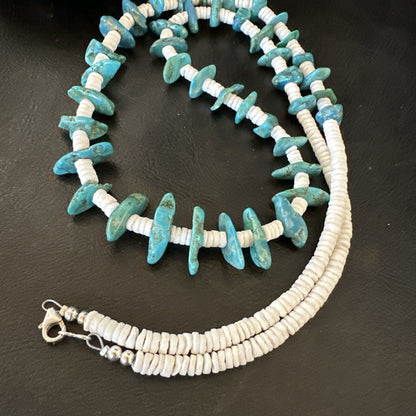 Blue Turquoise White Shell Navajo Sterling Silver Necklace 31" 19719