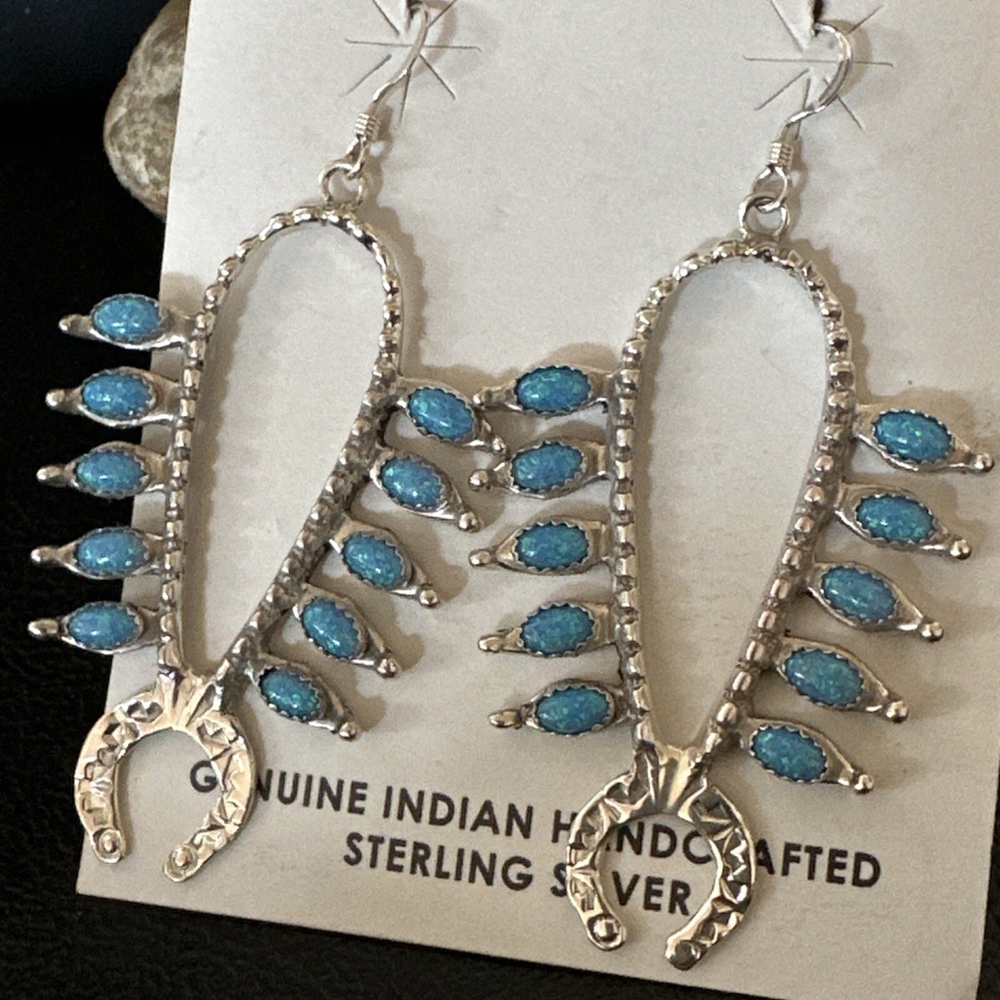 Womens Blue Opal Navajo Squash Blossom Sterling Silver Earrings 18549