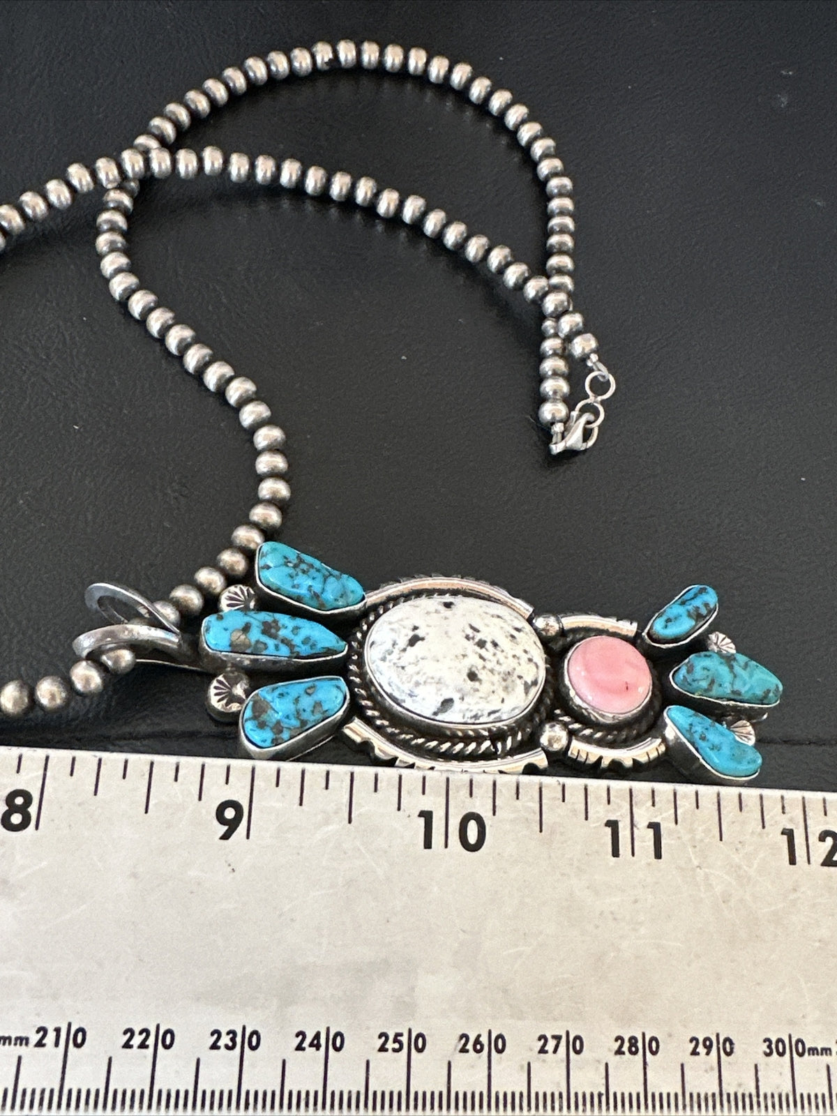 Blue Kingman Turquoise White Navajo Sterling Silver Cluster Pendant 4" 19325
