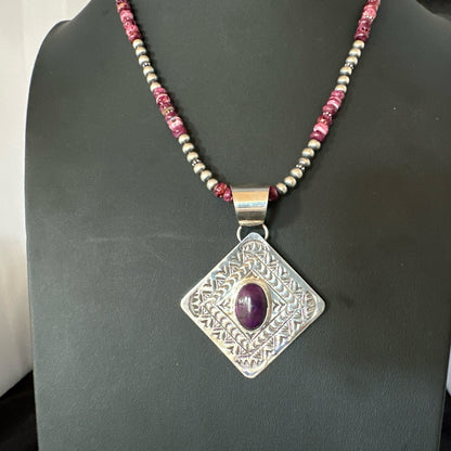 H Joe Purple Spiny Oyster Pendant Navajo Sterling Silver Necklace 19483