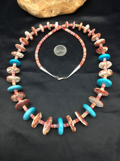 Spiny Oyster & Turquoise Navajo Indian Sterling Silver Necklace 02910