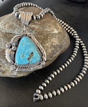 Blue Kingman Turquoise Pendant Navajo Pearls Necklace | Sterling Silver | Authentic Native American Handmade | 19389