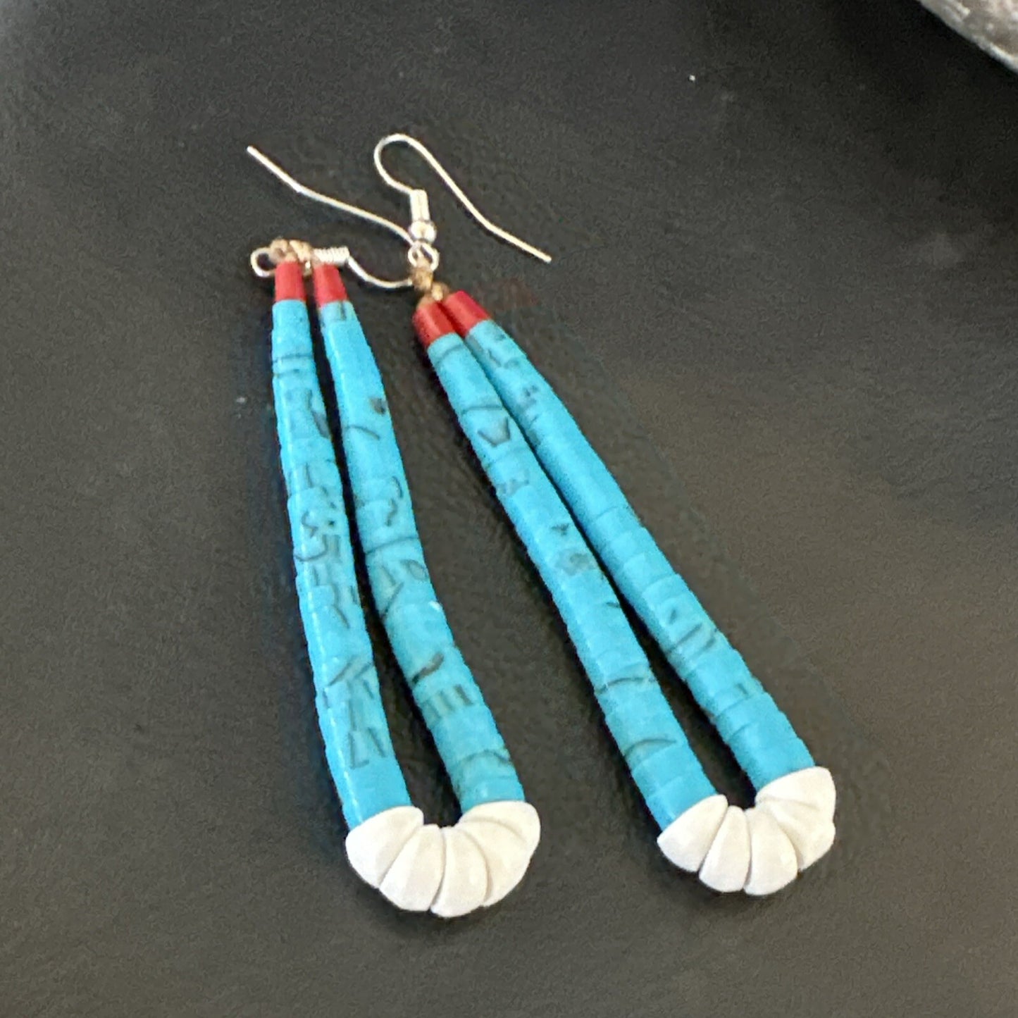Blue Turquoise White Santo Domingo Sterling Silver Dangle Earrings 2.75” 18164