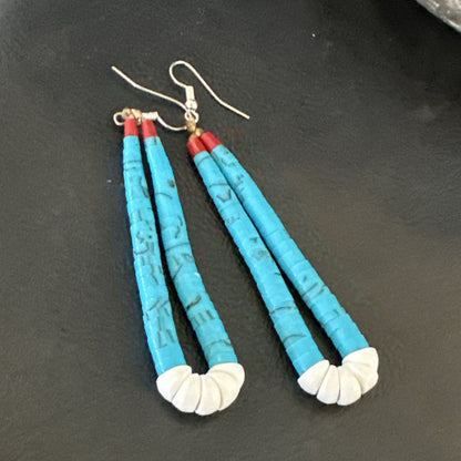 Blue Turquoise White Santo Domingo Sterling Silver Dangle Earrings 2.75” 18164