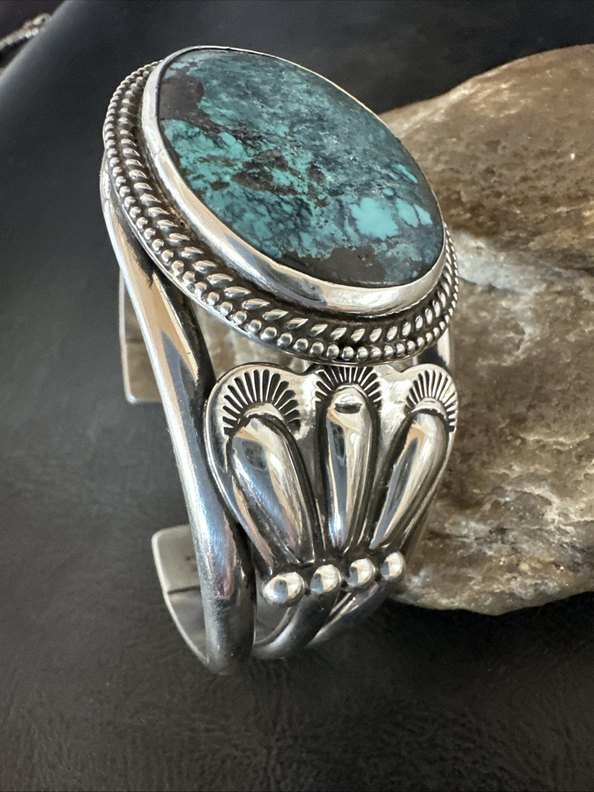 H Joe Blue Spiderweb Turquoise Navajo Sterling Silver Cuff Bracelet 8.2" 19424