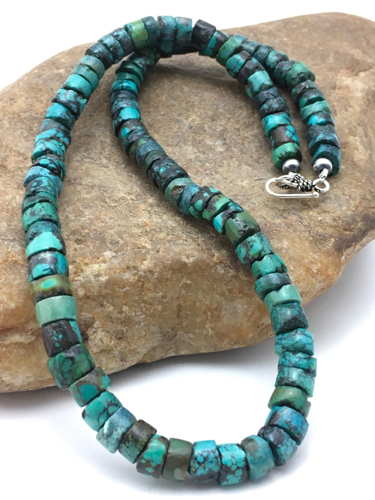 Turquoise 8mm Heishi Southwestern Sterling Silver Beads Necklace 20" 4348