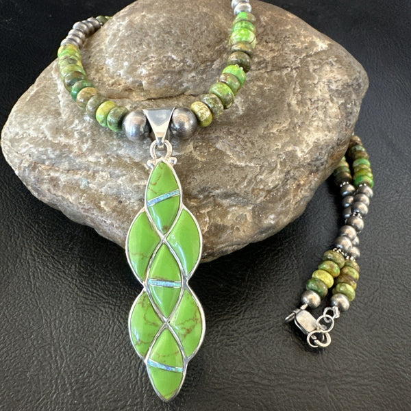 Women's Green Gaspeite Turquoise Opal Pendant Necklace | Sterling Silver | Authentic Native American Handmade | 19548
