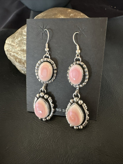 Yazzie Pink Queen Conch Navajo Sterling Silver Dangle Earrings 19321