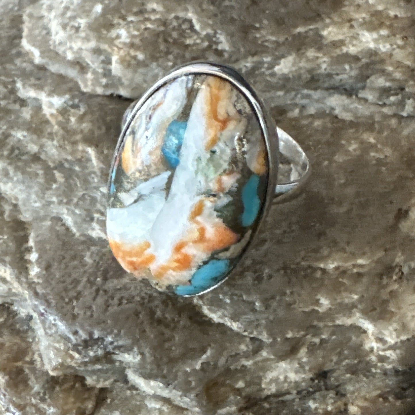 Blue Turquoise Spiny Oyster Southwestern Sterling Silver Ring Size 8 18439