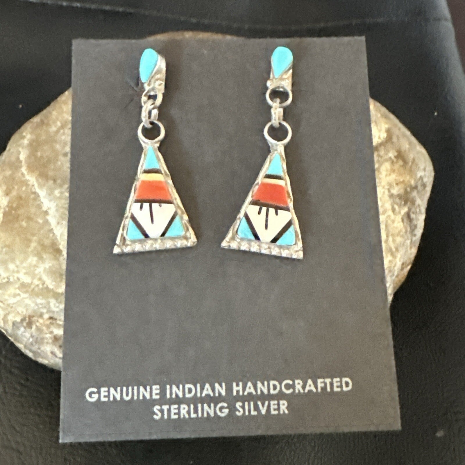 Turquoise Onyx Inlay Zuni Sterling Silver Old Pawn Earrings 00269