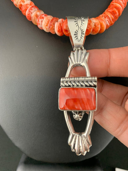 Mens Red Spiny Oyster Pendant Navajo Pearls Sterling Silver Necklace 18359