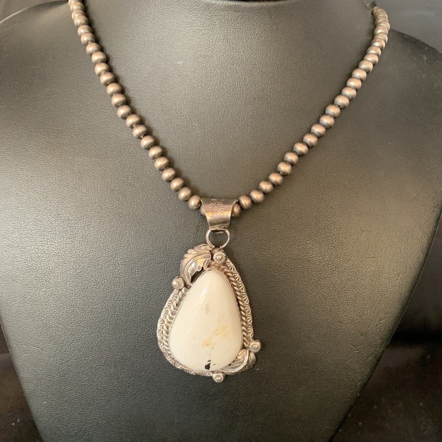 Mens White Buffalo Turquoise Pendant Sterling Silver Beads Necklace 19306