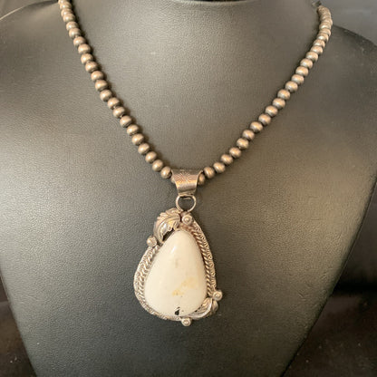 Mens White Buffalo Turquoise Pendant Sterling Silver Beads Necklace 19306
