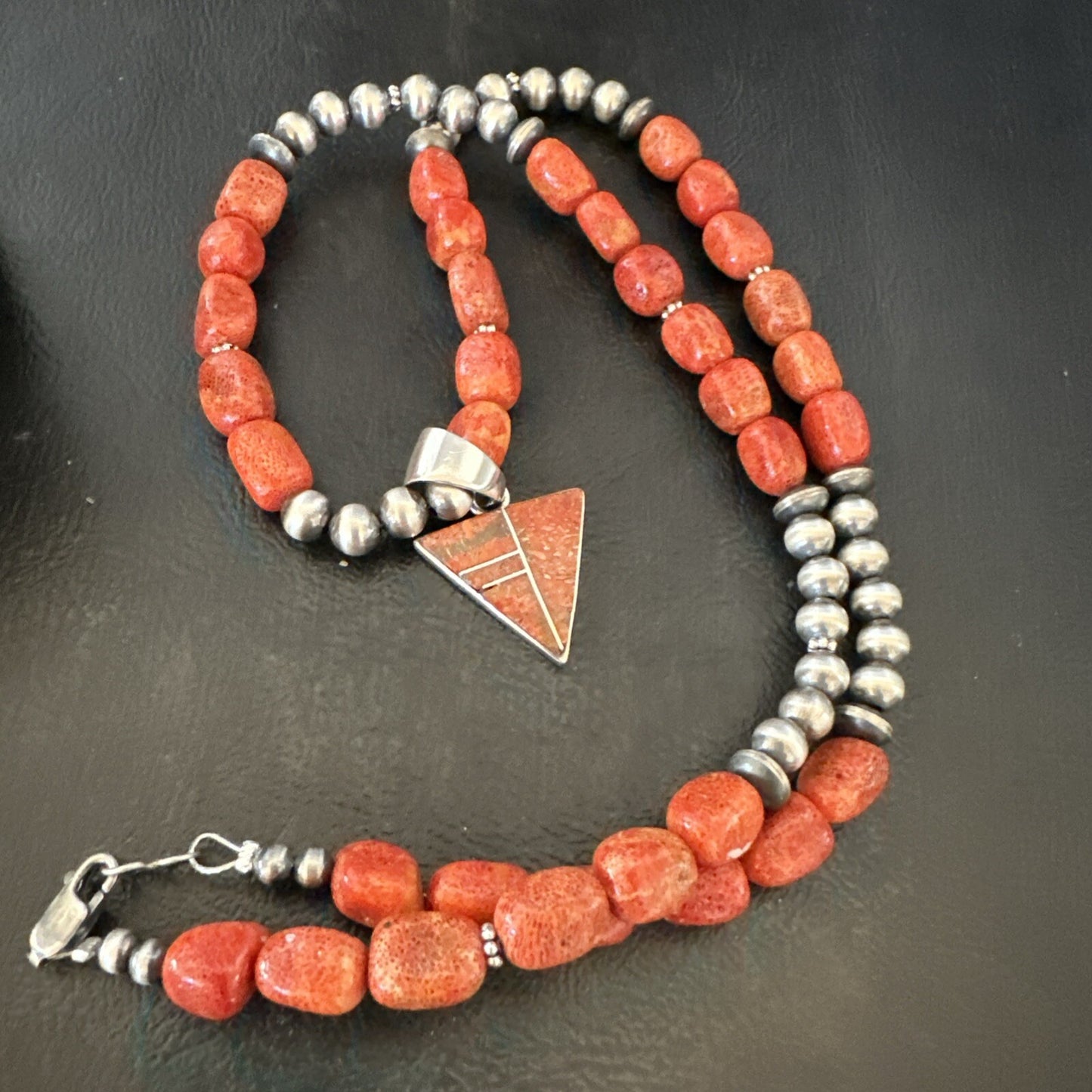 Navajo Apple Sponge Coral Sterling Silver Necklace Inlay Pendant 21” 18684