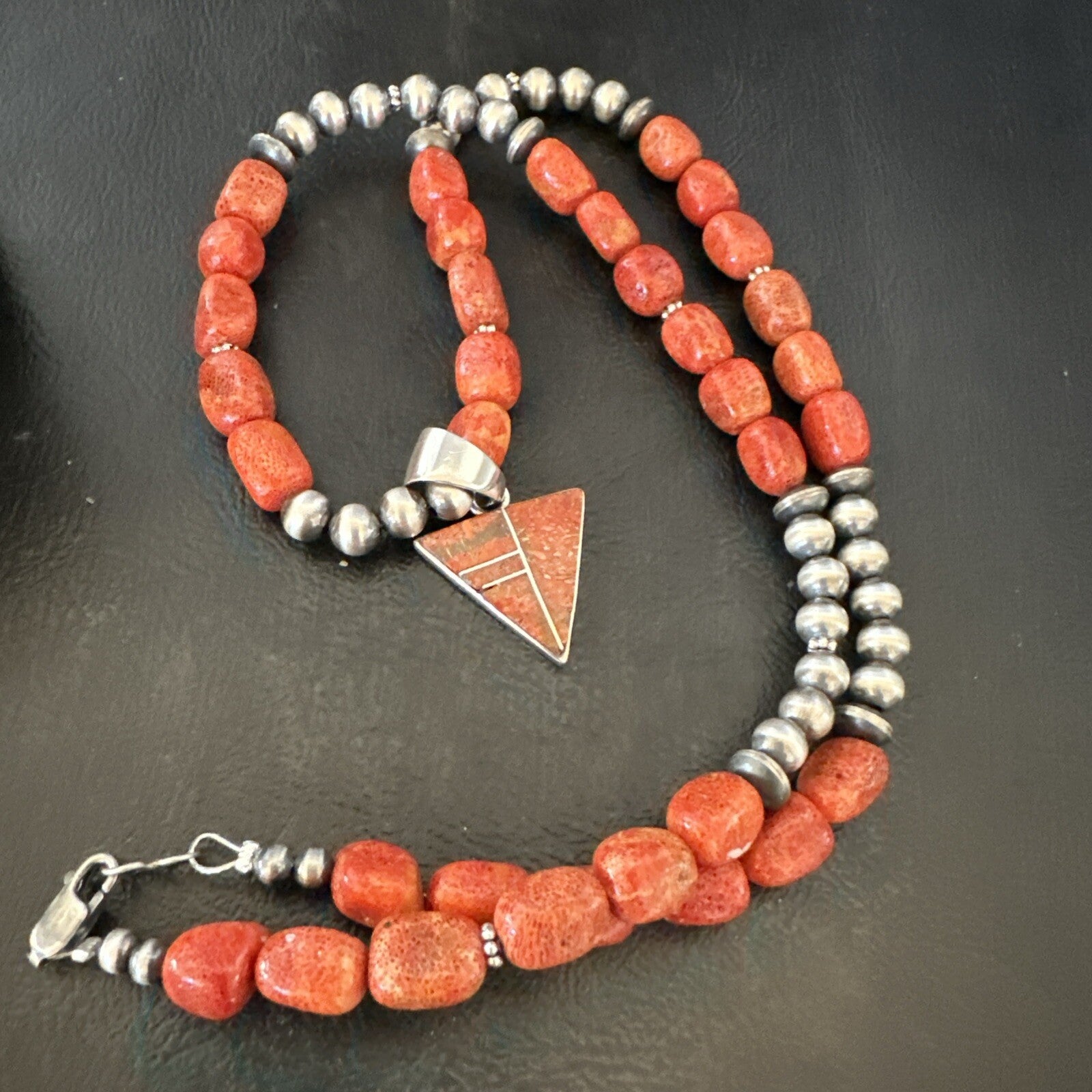 Navajo Apple Sponge Coral Sterling Silver Necklace Inlay Pendant 21” 18684