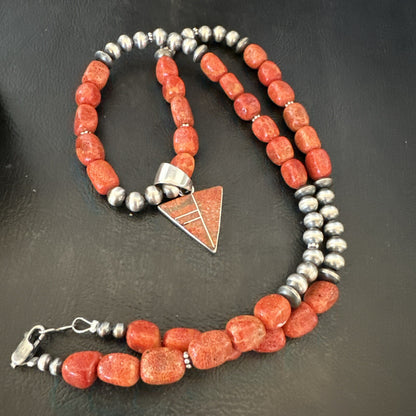 Navajo Apple Sponge Coral Sterling Silver Necklace Inlay Pendant 21” 18684