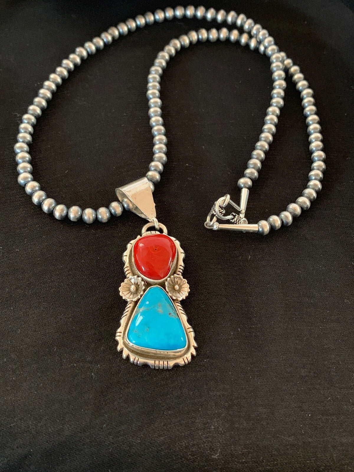 Kingman Turquoise & Coral Pendant Navajo Sterling Silver Necklace 02534