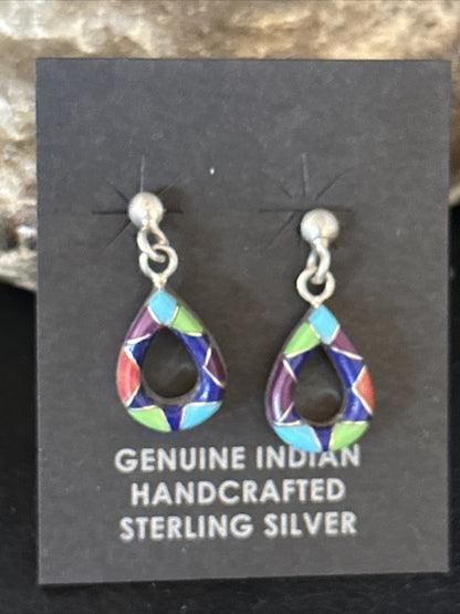 Turquoise Spiny Oyster & Opal Navajo Sterling Silver Inlay Earrings 1” 14411