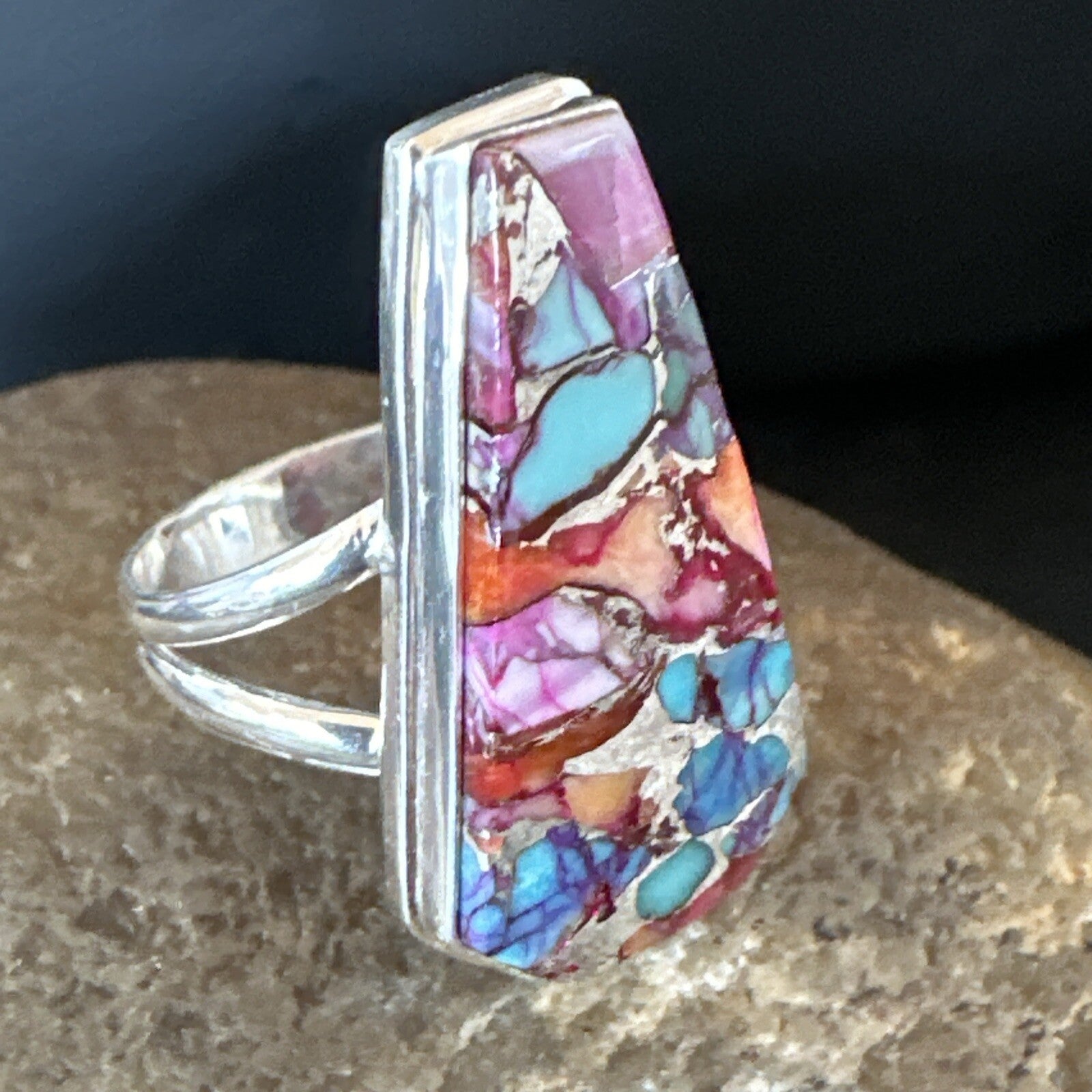 Blue Turquoise Spiny Oyster Navajo Sterling Silver Ring Size 8 18220