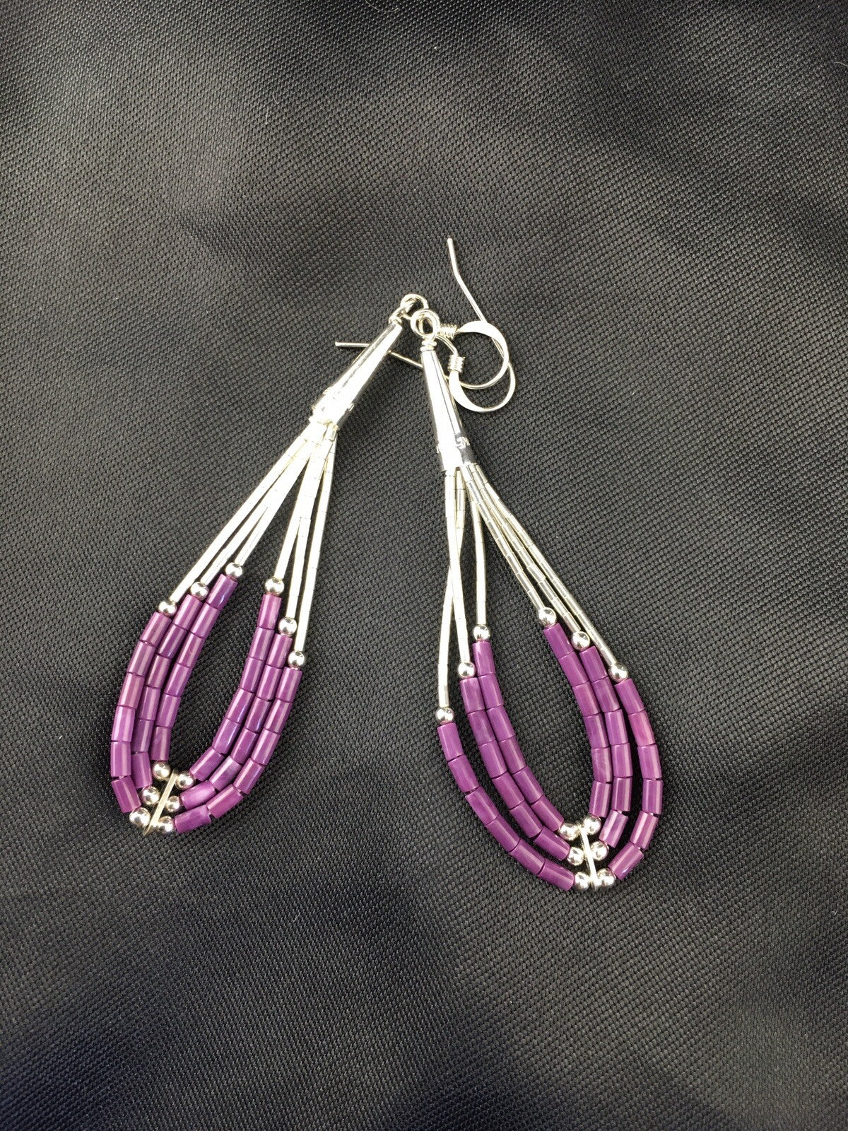 Purple Stone 3 Strand Heishi Liquid Sterling Silver Dangle Earrings 01985