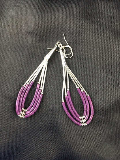 Purple Stone 3 Strand Heishi Liquid Sterling Silver Dangle Earrings 01985