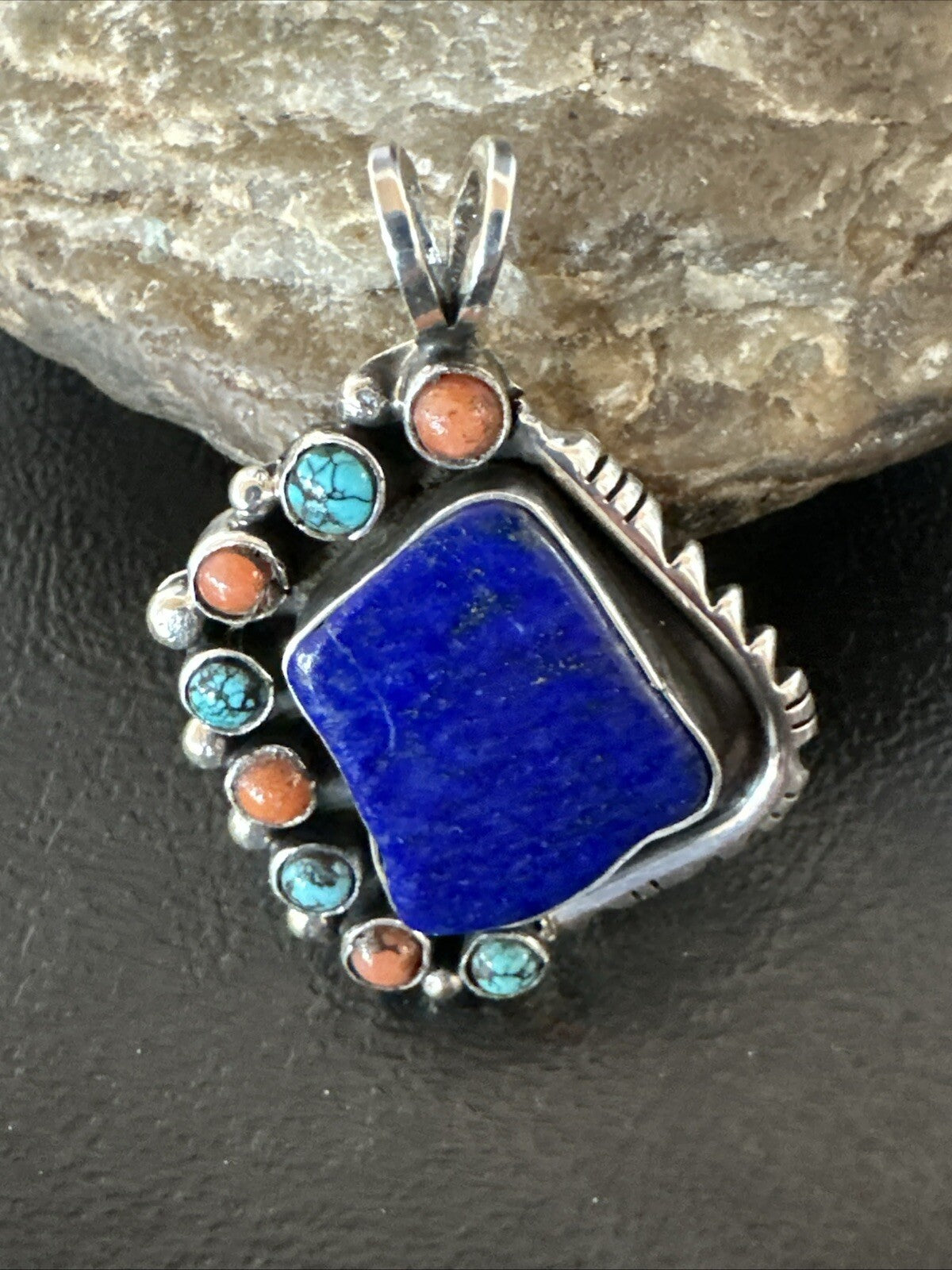 Blue Lapis Cluster Pendant Navajo Sterling Silver Beads Necklace 18754