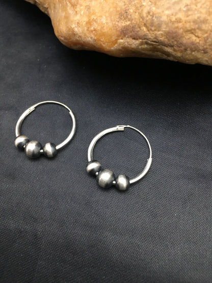 Native American Indian Hoop Sterling Silver Beads Earrings 3108