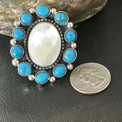 Blue Kingman Turquoise MOP Navajo Sterling Silver Cluster Ring Size 10 18395