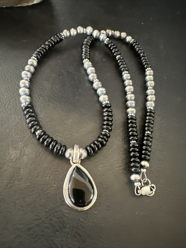 Men's Women's Black Onyx Pendant Navajo Beads Necklace | Sterling Silver | Authentic Native American Handmade | 18333