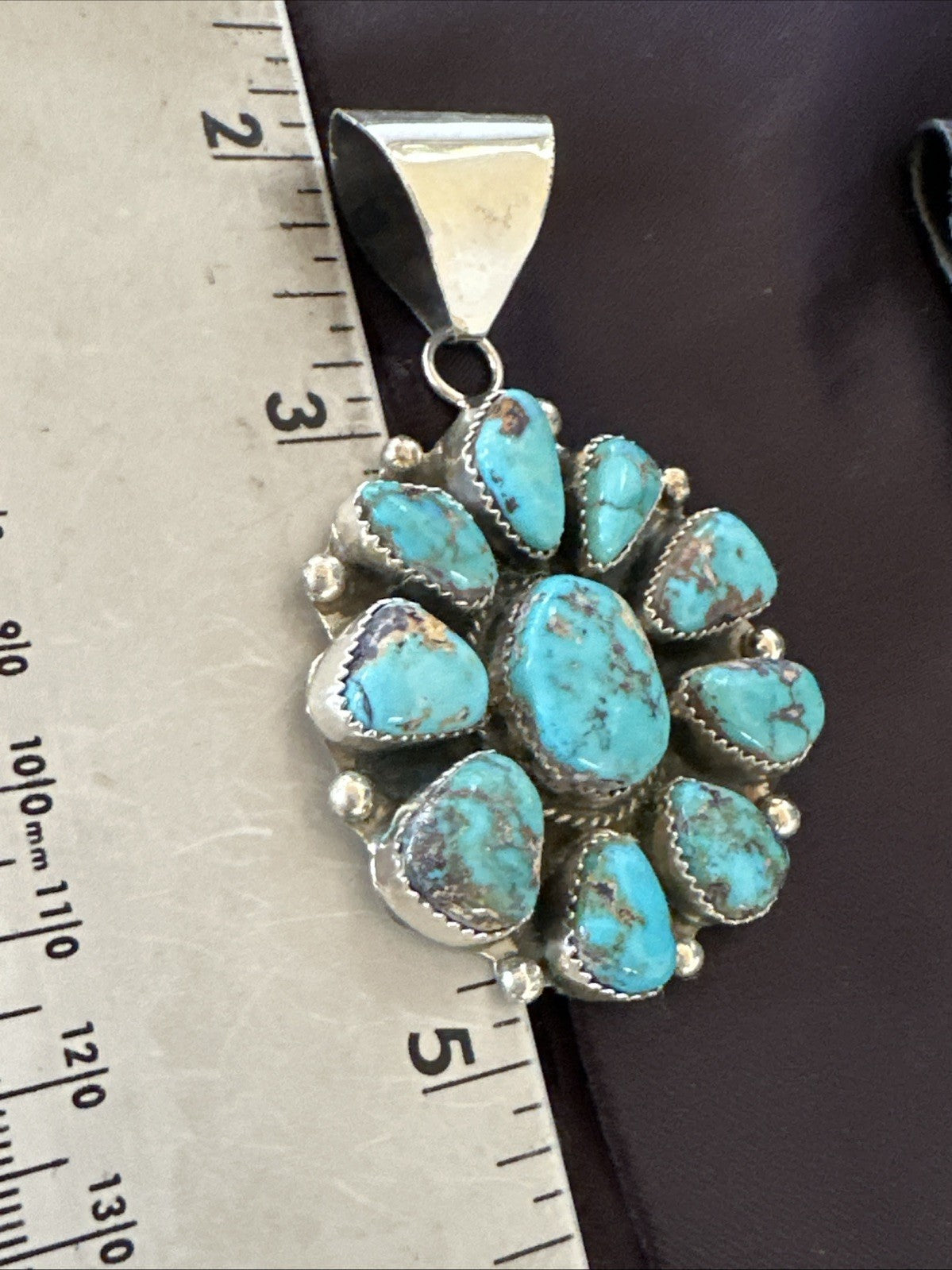 New Cluster  Blue Turquoise Navajo Sterling Silver Pendant 2.75” 19118