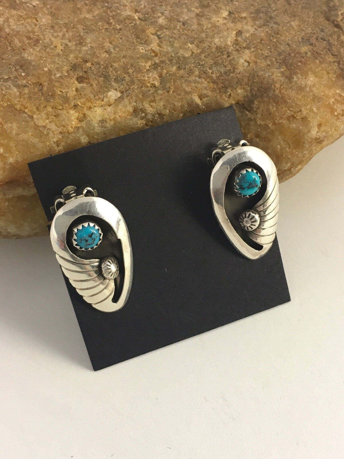 Blue Turquoise Clip-on Navajo Sterling Silver Old Pawn Earrings Set 08864