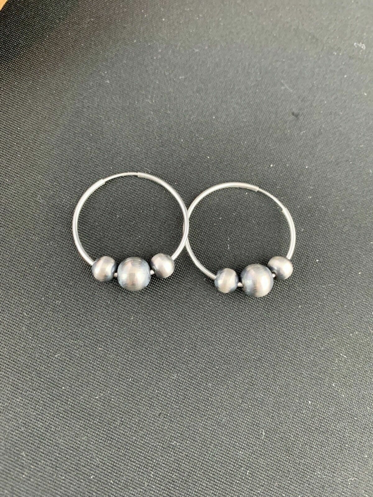 Native American Indian Sterling Silver Beads Hoop Earrings 03755