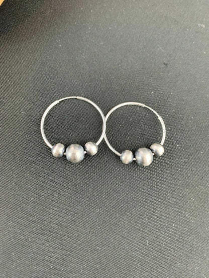 Native American Indian Sterling Silver Beads Hoop Earrings 03755
