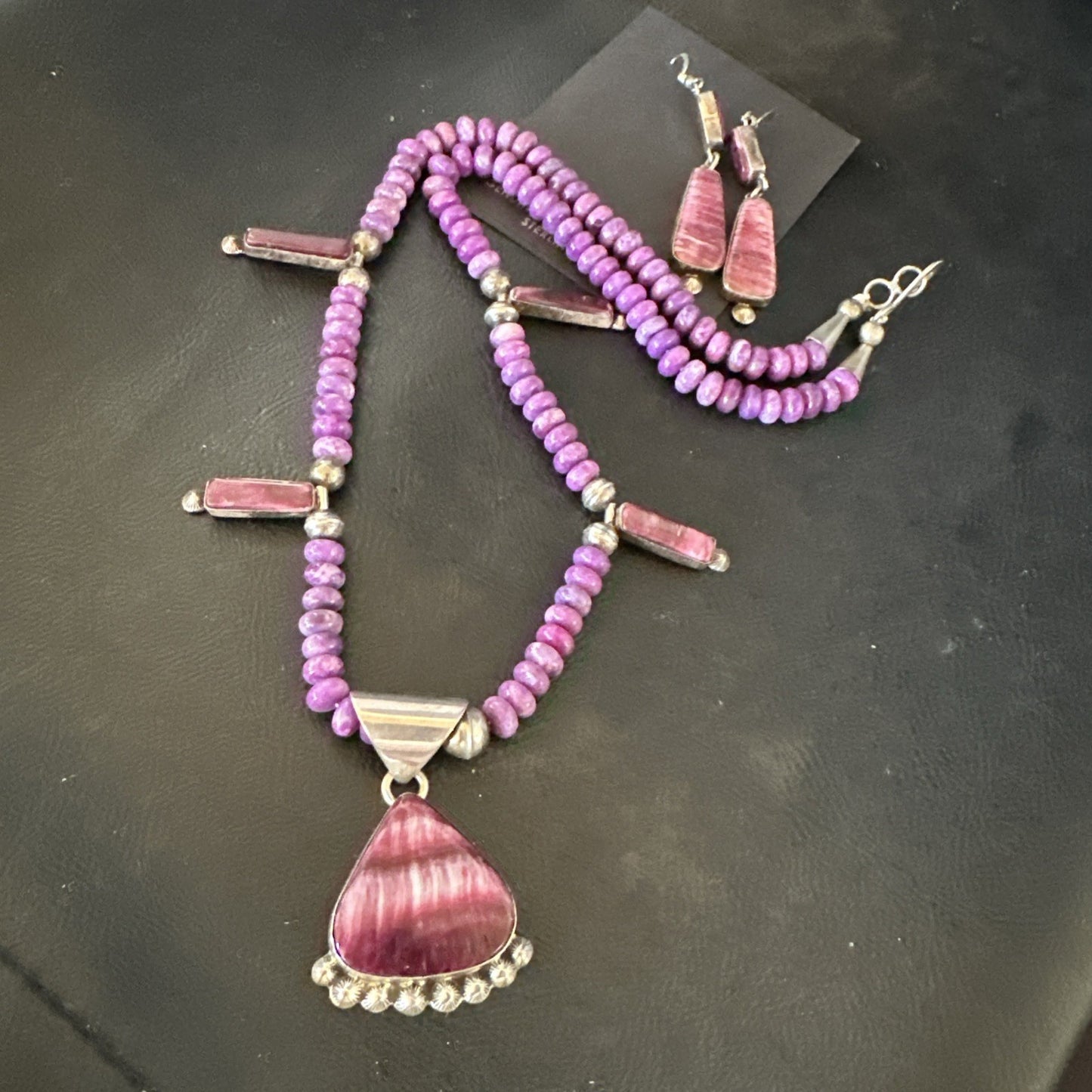 Purple Stone Spiny Oyster Sterling Silver Necklace Earrings 20” 19088 J B