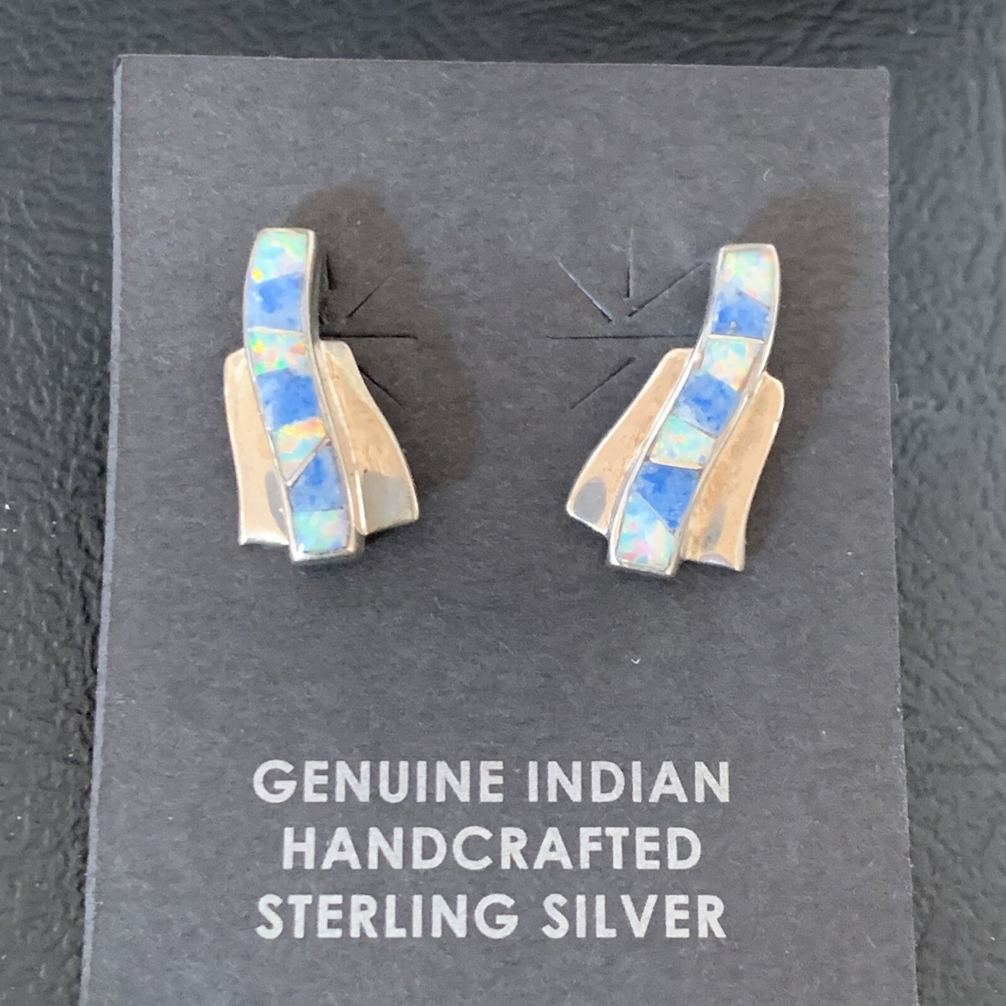 Women Blue Denim Lapis & White Opal Navajo Sterling Silver Inlay Earrings 128900