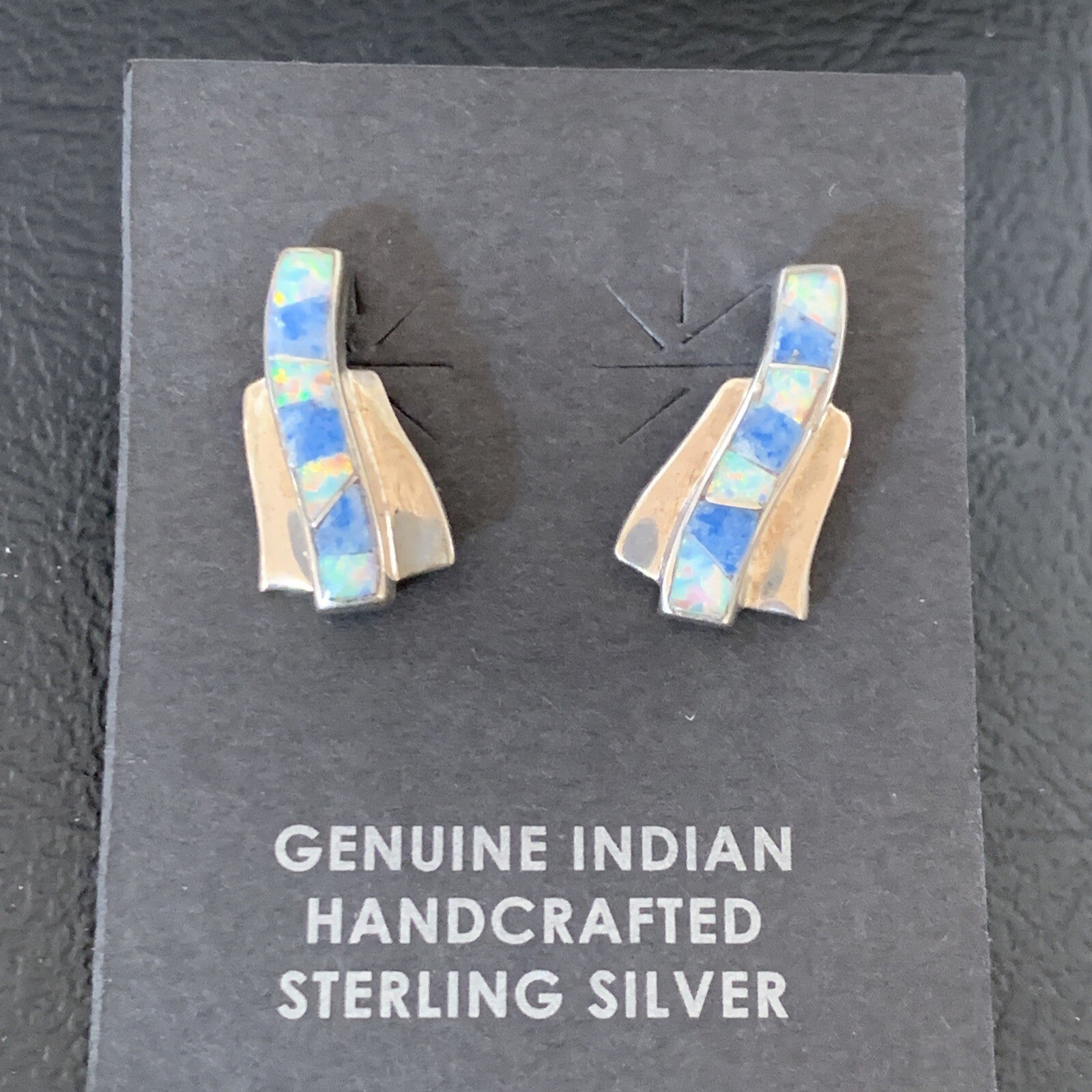 Women Blue Denim Lapis & White Opal Navajo Sterling Silver Inlay Earrings 128900