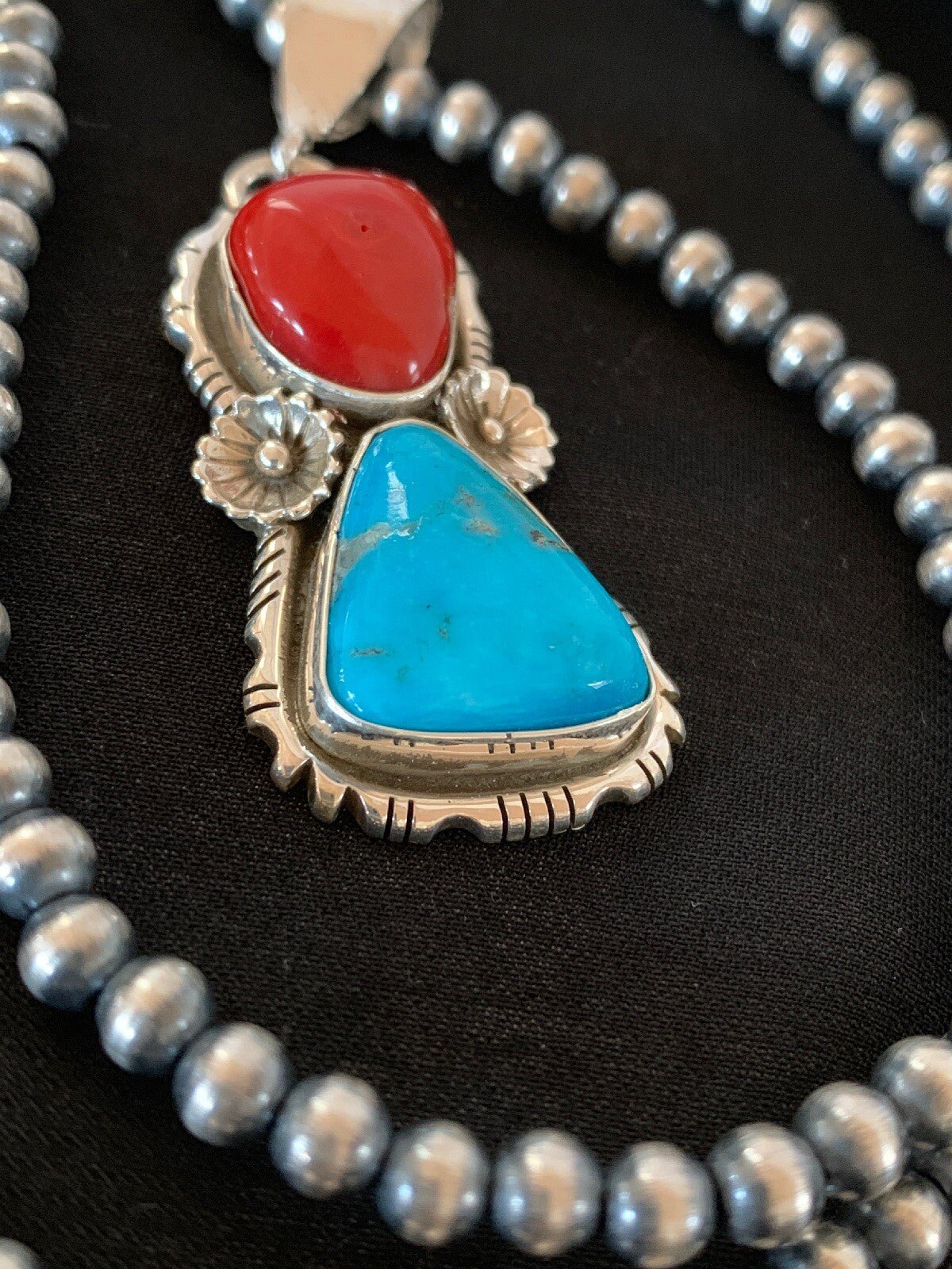 Kingman Turquoise & Coral Pendant Navajo Sterling Silver Necklace 02534